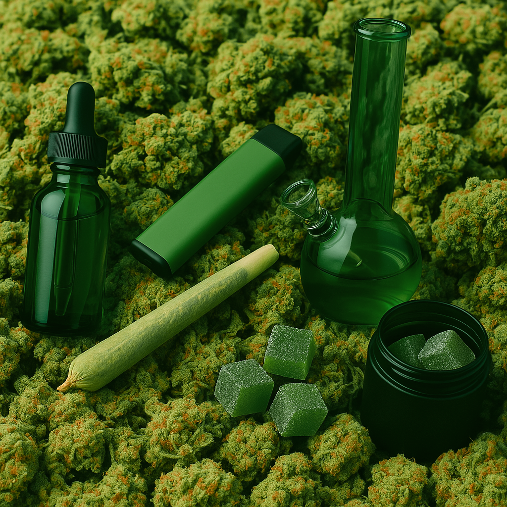 Green glass bottles, vape pen, and cannabis buds on a green textured background